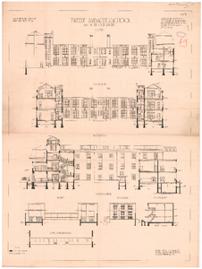 1946 De La Reyweg: Tweede Ambachtsschool - gevels en doorsneden. blad nr. 5. bestek nr. 34., 1919