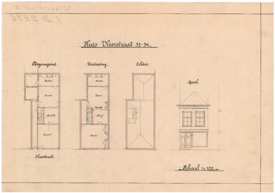 2226 Vleerstraat 52 - 54: Huis - gevel en plattegronden., 1900-1920