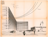 2293 Westduinweg: Lindoduin - gevels in perspectief. ontwerp van het flatgebouw bevattende 280 appartementen., 1967