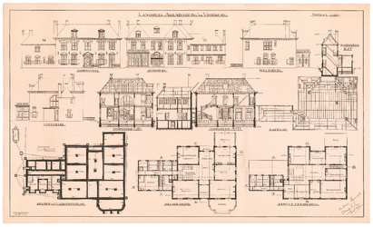 2452 Voorburg: Landhuis Arendsburg - gevels, doorsneden, plattegronden, kapplan en kelder met funderingplan, 1912