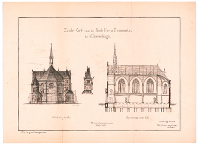 539 Falckstraat: Zuiderkerk - achtergevel en doorsnede. foto - litho: gebr. Reimeringer., Amsterdam, 1886