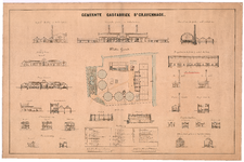 570 Gaslaan: Gasfabriek - plan voor bebouwing stokerij en kolenloodsen. gevels, doorsneden, situatie en plattegrond., ...