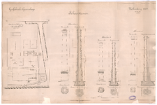 573 Gaslaan: Gasfabriek - uitbreiding machinegebouw. schoorstenen en situering. litho J. Lobatto. Den Haag.bestek nr. ...