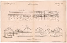 574 Gaslaan: Gasfabriek - uitbreiding stokerijgebouw. gevels en doorsneden. litho J. Lobatto. Den Haag.bestek nr. 3, ...