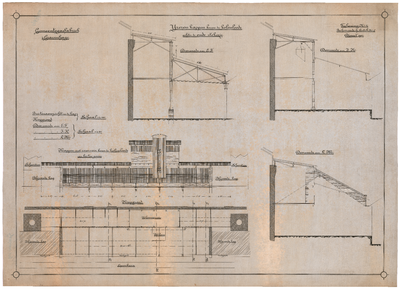 660 Gaslaan: Kolenloods - kolenloods; ijzeren kappen. gevel, doorsneden en kapgrond. tekening nr. 2, bestek nr. 5. , 1901