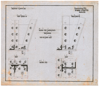 666 Gaslaan: loods - plaatijzeren voetplaten voor een ijzeren loods. detailtekening nr. 5 bestek nr. 3., 1902