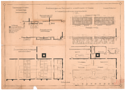 673 Gaslaan: Stokerij - stokerij. fundering, doorsneden en plattegrond. bestek nr. 3., 1911