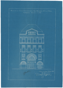 674 Gedempte Burgwal 10: Concertzaal - schetsplan café-concertzaal. voorgevel., 1915
