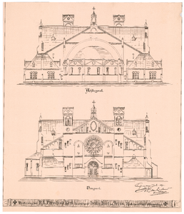850 Hobbemastraat: Kerk Heilig Hart van Jezus - voor - en achtergevel. tekening voor de bouw van de kerk. fotolitho ...