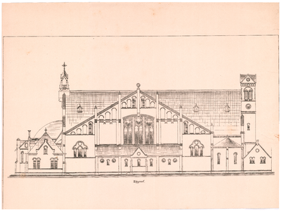 851 Hobbemastraat: Kerk Heilig Hart van Jezus - zijgevel. tekening voor de bouw van de kerk. [fotolitho Gebr. Van den ...