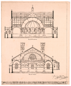 853 Hobbemastraat: Kerk Heilig Hart van Jezus - aanzicht presbyterium en zangkoor. tekening voor de bouw van de kerk. ...