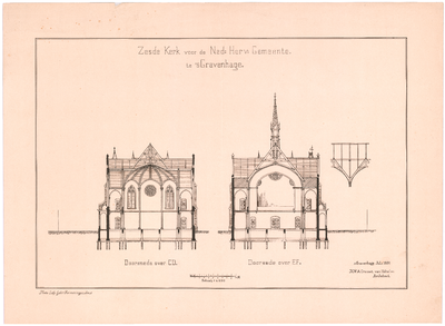 858 Hoefkade: Zuiderkerk - doorsnede over c-d en doorsnede over e-f. fotolitho gebrs. Reimeringer, Amsterdam., 1886