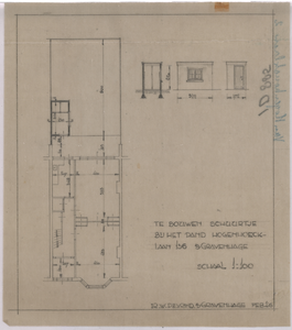 885 Van Hogenhoucklaan 136: Herenhuis - plattegrond. doorsnede en aanzicht van het te bouwen schuurtje., 1946
