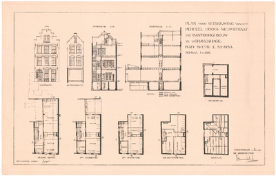 891 Hoge Nieuwstraat: Kantoor - gevels, doorsneden en plattegronden voor de verbouwing van het pand tot kantoorgebouw., 1921
