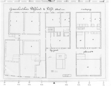 I-A-19 Plattegrond van het gemeenlandshuis met secretarie. Begane grond, 1e verdieping en zolderverdieping : ...