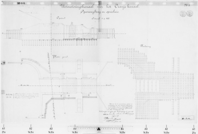 III-I-1 Spoorbrug met spuisluis. Aanzicht en plattegrond. Met tekening van de fundering : Oranjebuitensluis in Hoek van ...