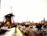 2046 Winterzicht op Maassluis met op de voorgrond de Wippersmolen aan de Middelvliet, geschilderd door J.B. Jongkind ...