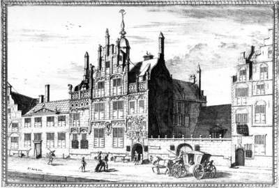 260 Voor- en zijgevel van het Gemeenlandshuis te Delft, gravure uit Dirck van Bleyswijck