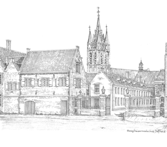 396 Pentekening van het gemeenlandshuis te Delft, gezien vanaf de Phoenixstraat., 1979/april