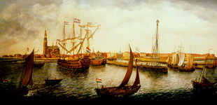 816 Oorlogsschip Delfland op de rede van Maassluis in 1665, geschilderd door F. Los, 1985., 1985/sept.