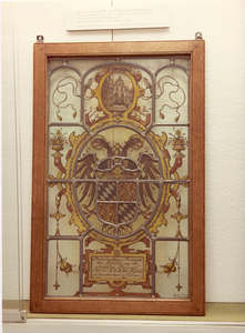 129 Glas-in-lood-gedenkraam, aangeboden aan de scheidend dijkgraaf mr. W.K.S. van der Mandele, 1917. Wapen van Delfland ...