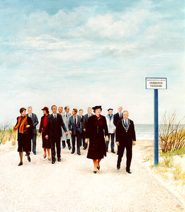 48 Werkbezoek van H.M. Koningin Beatrix op 15 november 1989 aan Delflands zeewering, geschilderd door Freerk Los in ...