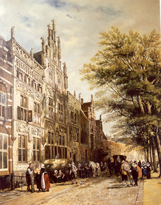 1860 Kopie van schilderij van de voorgevel van het gemeenlandshuis te Delft van C. Springer uit 1877, geschilderd door ...