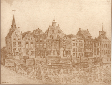 1885 De Kolk met de Stadhuiskade waarop het Coppelstockhuis, het Gemeenlandshuis van Delfland en het vroegere Raadhuis ...