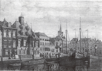 1886 Gezicht op gedeelte van haven van Maassluis aan de Stadhuiskade, met (2de huis van links) het gemeenlandshuis van ...