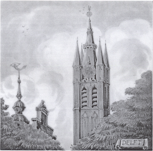 1894 Toren Oude Kerk en topgevel en torentje met meerman van het gemeenlandshuis te Delft