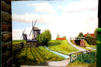 2272 Het schutsluisje met de Hoekmolen en linksachter de Noordmolen in de polder Berkel te Berkel, geschilderd door W. ...