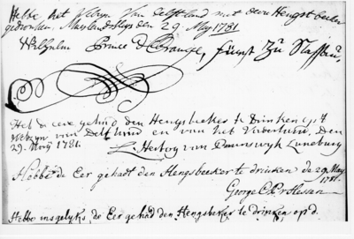 778 Het handschrift van stadhouder prins Willem V en enkele Duitse vorsten. Detail van een bladzijde uit het hensboek, ...