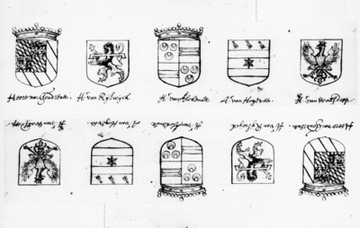 1446 De wapens van de hoogheemraden Diderick van Scaghen, heer van Goudreaan, Niclaes van der Duyn, heer van Rijswijck, ...