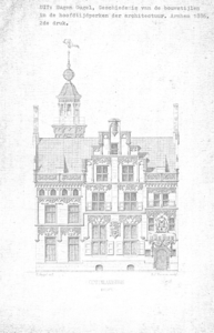 249 De voorgevel van het oude gedeelte van het Gemeenlandshuis te Delft, z.j.