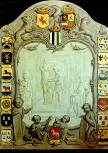 71 Wapenbord uit 1760 van de Hoge Vierschaar van het Baljuwschap van Delfland met een allegorische voorstelling van de ...