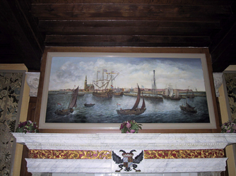 1718 Oorlogsschip Delfland op de rede van Maassluis in 1665, boven de schoorsteen in de vergaderzaal van het ...