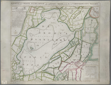 A-0047 Kaarte vande Groote Haarlemmer ofte Leijdse-meer, met de bij-naa vereenigde veen-plassen volgens ..., 1740