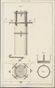 A-0426 [Boven- en zijaanzichten van een houten koker voor een grondboorinstallatie gebruikt bij waterpas..., 1802
