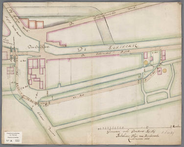 A-0522 [Kaart van de situatie nabij de Overtoom in de Schinkel met ontworpen nieuwe uitwatering], 1635