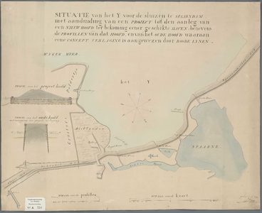 A-0750 Situatie van het Y voor de sluizen te Spaarndam met aanduiding van een project tot den aanleg van..., circa 1840