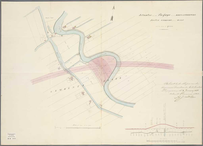 A-1645 Situatie van de passage van den Rhijnspoorweg sectie, Utrecht naar de Maas over de rivier de Gouwe, 1848