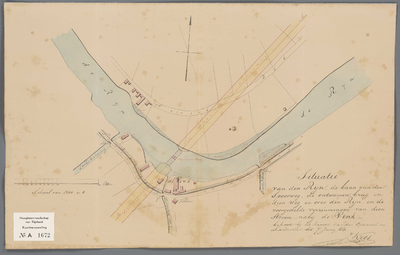 A-1672 Situatie van den Rijn, de baan van den spoorweg, de ontworpen brug in dien weg en over den Rijn, ..., 1841
