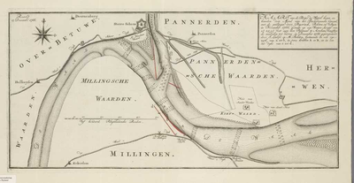 A-1722 Kaart van de rivier de Waal boven en beneden den mond van het Pannerdensche Canaal, 1766