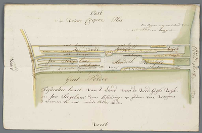A-2628 Figurative kaart, van 't land van de wed: Geijls Wijk, en Jan Teegelaar, daar bekeuringe op gedaa..., 1737