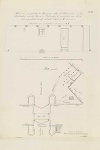 A-2631 Schets van een gedeelte der kaaimuur achter de Schreijerstoren in het schuitenhuis van den haven-..., 1851