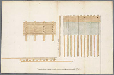 A-2669 [Zijaanzichten en bovenaanzicht van houten plaatwerk voor de kade van de Grote polder onder Aalsm..., 1676