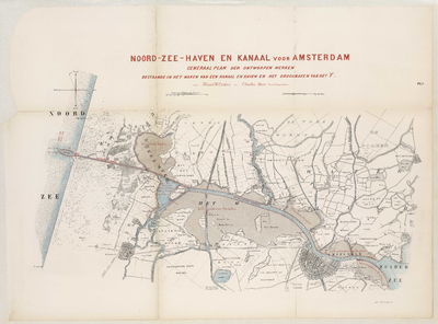 A-2906 Noord-Zee-haven en kanaal voor Amsterdam : generaal plan der ontworpen werken bestaande in het ma..., 1853