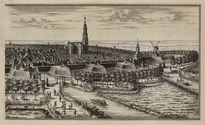 A-5077 Lugdunum Batavorum anno 1670 : [Stadsgezicht, de Nieuw Gefundeerde kerk], circa 1807