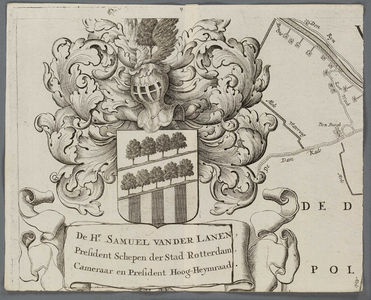 A-5222 'T Hooghe Heymraedtschap vanden lande van Woerden : [Wapenschild van Samuel van der Lanen], 1723
