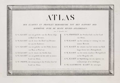 A-5365 Atlas der kaarten en profielen behoorende tot het rapport der kommissie over de beste rivier-afle..., 1827-1828